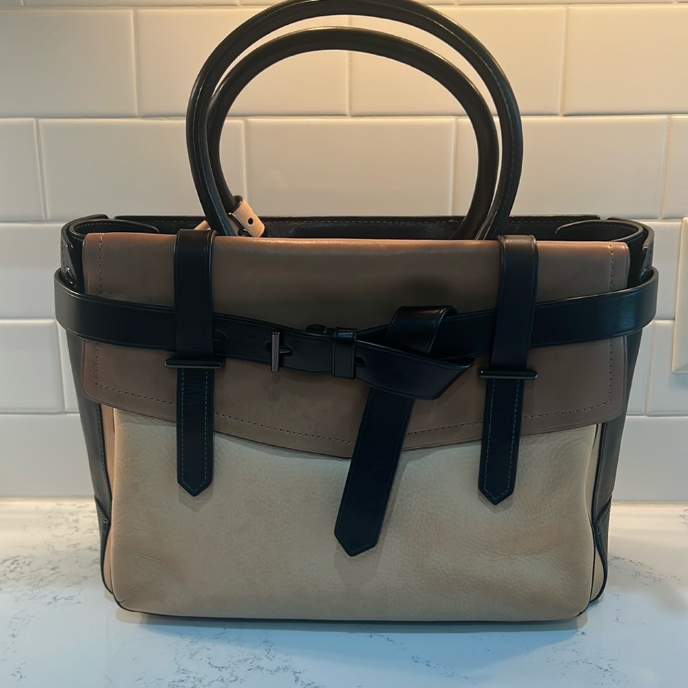 Reed Krakoff handbag, leather, black, brown and tan leather, 13”w, 10”h, 4”d